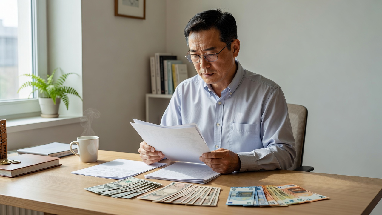 해외 채권 개념을 보여주는 투자 서류와 외국 통화