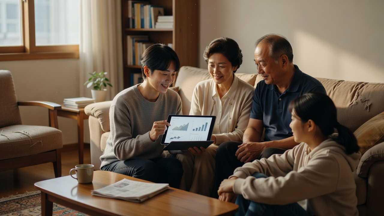 가족과 함께 주식 종목추천에 대해 이야기하는 장면