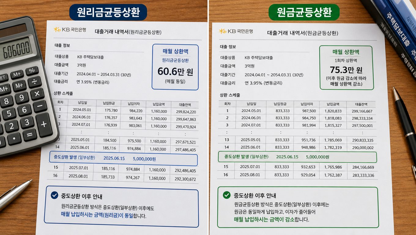 원리금균등 일부중도상환 후 월납입금이 그대로인 이유는? 원금균등 원리금균등