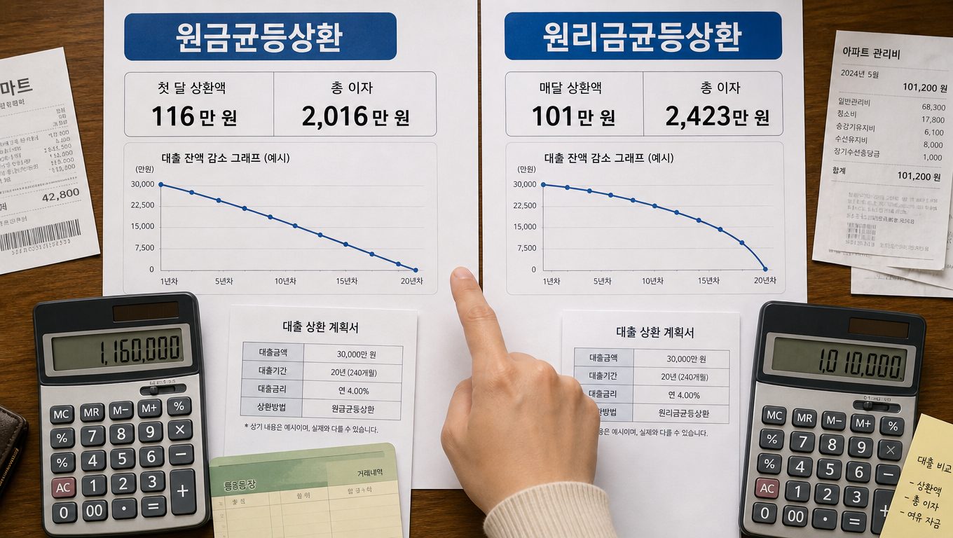 원금균등상환 첫 달 납입액과 총 이자 부담, 중도상환 주의점에서 원리금 원금균등 비교